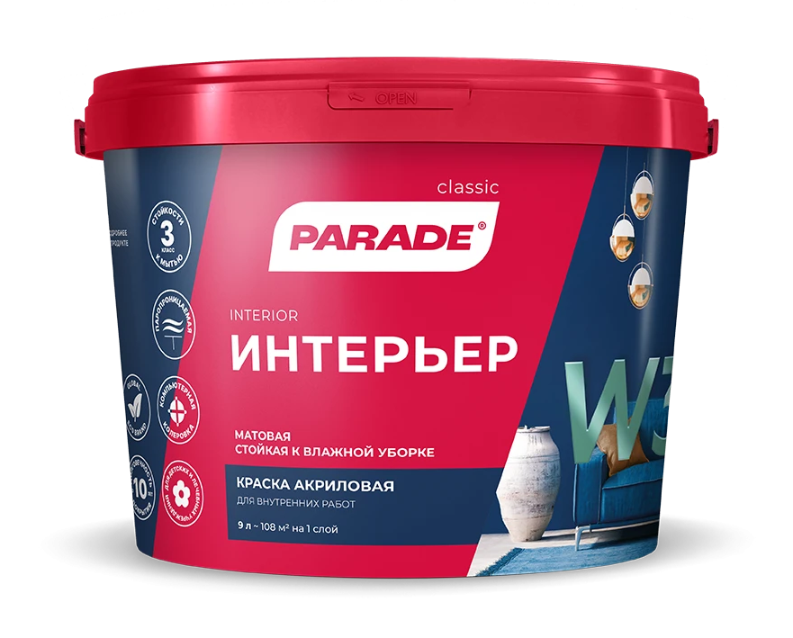 Краска PARADE W3 для стен и потолков Краска PARADE W3 акриловая интерьерная